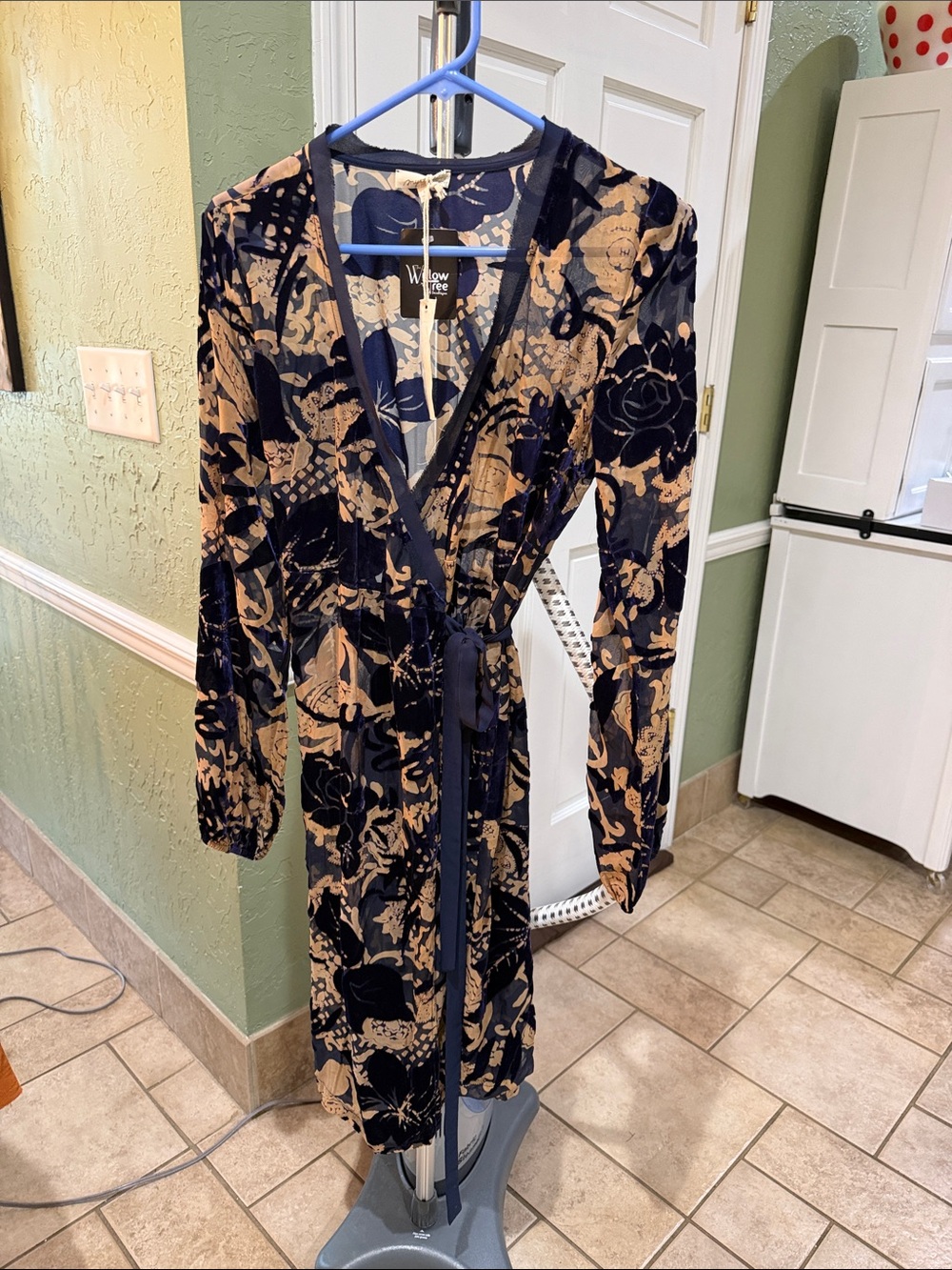 Mystree Navy and Tan Floral Velvet Wrap Dress